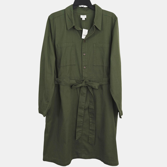 J Crew Long Sleeve Utility Shirt Dress Size 20 Olive Green Pockets Belt NWT - Picture 2 of 10